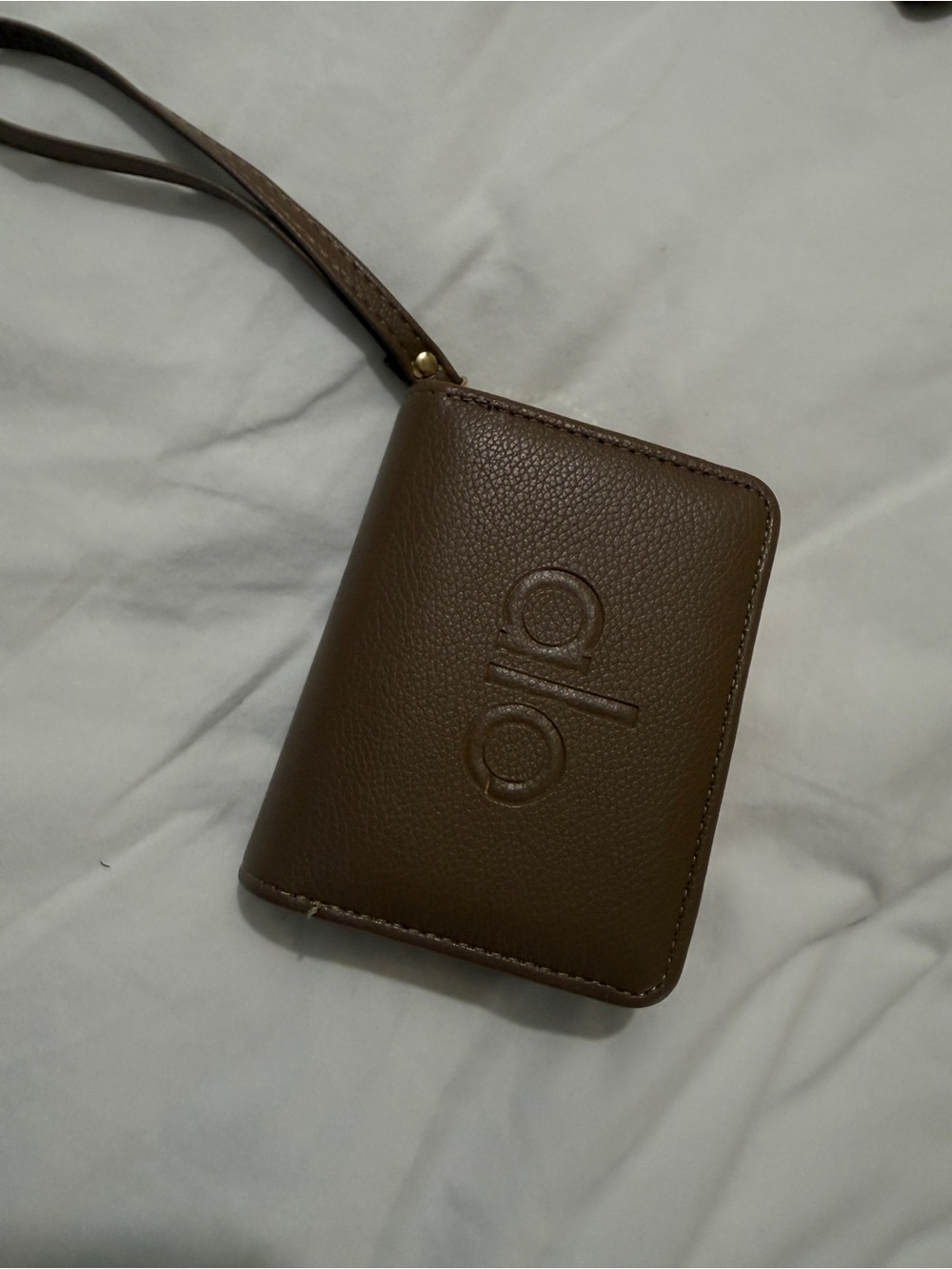 Brown Pebbled Wristlet Card Holder with Embossed Logo